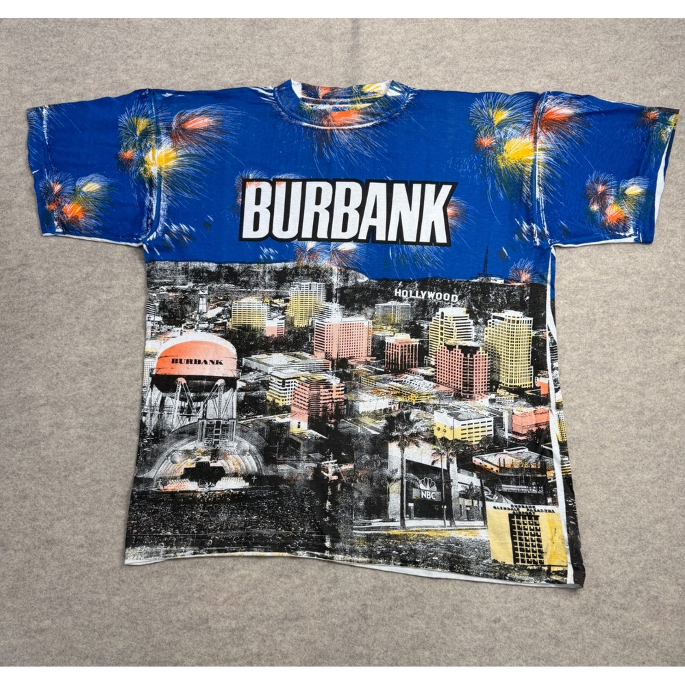 Vintage SBW Burbank Hollywood California All Over Print T-Shirt Blue XL Cityscap